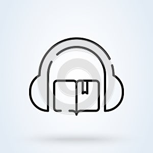 Audio book line and headphones, vector modern icon design illustration