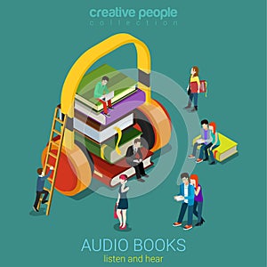 Audio books flat 3d vector electronic library: books headphones