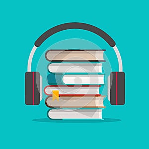 Audio books with headphones concept vector illustration, flat cartoon headset with books stack, idea of podcast or