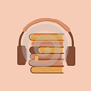 Audio books with headphones concept vector illustration, flat cartoon headset with books
