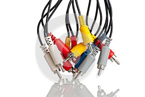 Audio cables, connection plugs, multicolored, isolated on a white background, audio cord cable, connecting digital