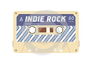 Audio cassette with mix tape of indie music records. Magnetic stereo casette of 80s. Retro analogue mixtape. Compact