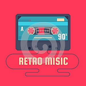 Audio cassette on red background. Retro music 90s.