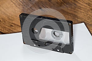 Audio cassette. Retro music medium, compact cassette tape recorder.