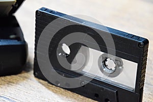 Audio cassette. Retro music medium, compact cassette tape recorder.