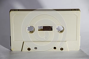 Audio cassette. Retro music medium, compact cassette tape recorder.