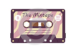 Audio cassette with retro music records. Magnetic stereo mixtape of 90s. Analog mix tape. Old-school nostalgic compact