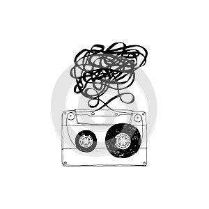 Audio cassette with tangled tape.