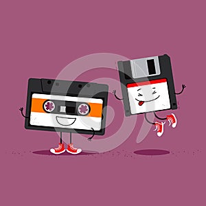 Audio cassette tape and floppy disc. Funny cartoon illustration about retro gadgets from eighties and nineties photo