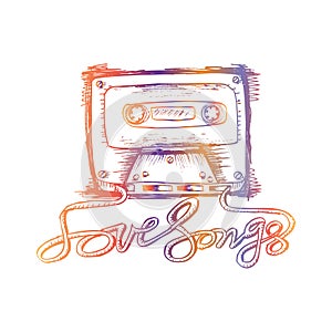 Audio cassette tape with love song lettering.