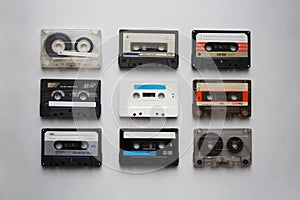Audio cassettes collection on white background from above