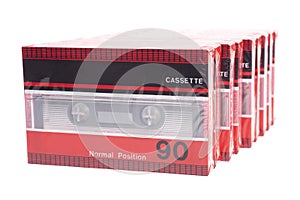 Audio cassettes tape isolated on white background, vintage 80's music concept.