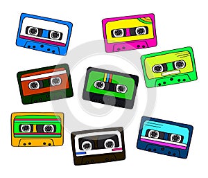 Audio cassettes on a white background.Collection.