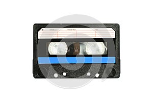 Audio compact cassette. Analog tape format for audio playing and recording. Audio cassette with blue line isolated on white