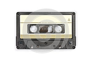 Audio compact cassette. Analog tape format for audio playing and recording. Audio cassette isolated on white background