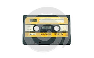 Audio compact cassette. Audio cassette on a white background, front view. analog format for audio playing and recording