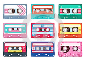 Audio or compact cassettes colorful set. Retro music symbol collection. Magnetic tape