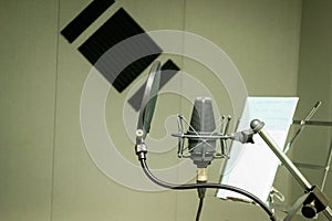 Audio Condenser Microphone for Sound Recording. Professional studio equpment. Pop filter.