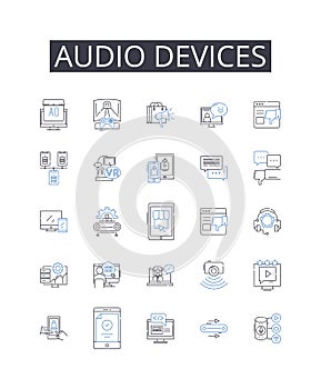 Audio devices line icons collection. Classic, Elegant, Sophisticated, Timeless, Time-honored, Vintage, Iconic vector and