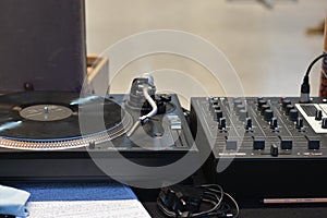 Audio DJ sound equipment, Vinyl record close up