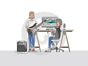 An audio engineer or a music producer collaborating with a musician in his studio workspace