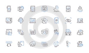 Audio equipment line icons collection. Amplifier, Speakers, Headphs, Microph, Mixer, Subwoofer, Receiver vector and