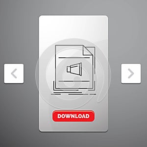 Audio, file, format, music, sound Line Icon in Carousal Pagination Slider Design & Red Download Button