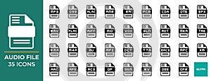 Audio file type icon set, vector solid icons collection, can be used for website interfaces, mobile applications and software