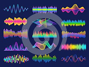 Audio frequency. Neon music sound waves for radio equalizer. Voice recognition for digital assistant. Volume graph line