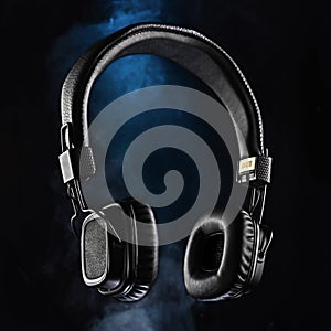 Audio headphones on a black background. Black headphones and blue smoke. Advertising photo of headphones