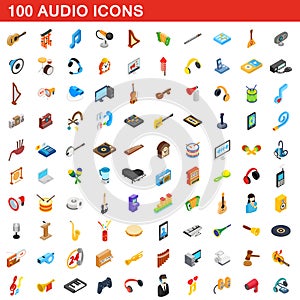 100 audio icons set, isometric 3d style