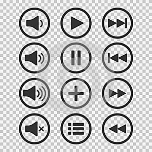 Audio icons. Sound buttons. Play button. Pause sign. Symbol for web or app. Vector illustration.