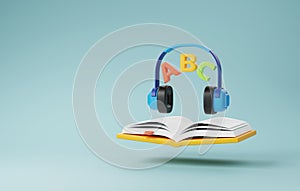 Audio Learning, 3D Icon of Headphones and Books for E-Learning Enthusiasts. 3D Render