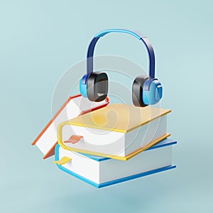 Audio Learning, 3D Icon of Headphones and Books for E-Learning Enthusiasts. 3D Render