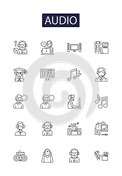 Audio line vector icons and signs. Music, Microphone, Hearing, Speakers, Stereo, Reverb, Volume, Surround outline vector photo