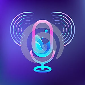 Audio microphone for concept voice recording. Sound waves around icon of radio. Logo design for studio or artificial