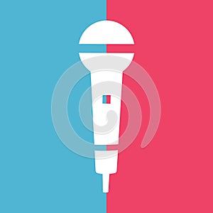 Audio microphone icon on blue and pink background. Mic silhouette. Music, voice, record icon. Recording studio symbol