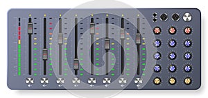 Audio mixer board. Multitrack mixing controller, sound level sliders panel with controllers and knobs vector