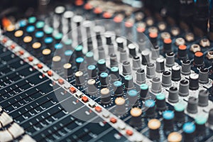 Audio mixer control panel or sound editor, cinematic tone. Digital music technology, concert event, DJ equipment concept photo