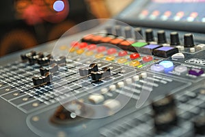 Audio mixer, music equipment. recording studio gears, broadcasting tools, mixer, synthesizer. shallow dept of field for music