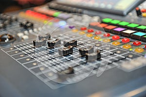 Audio mixer, music equipment. recording studio gears, broadcasting tools, mixer, synthesizer. shallow dept of field for music