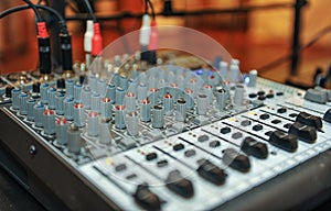 Audio mixer, music equipment. recording studio gears, broadcasting tools, mixer, synthesizer. shallow dept of field for music photo