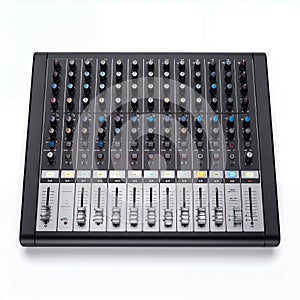 Audio mixing console array, black design for professional sound engineering on white background