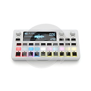 Audio mixing console with digital display and multiple control knobs and buttons