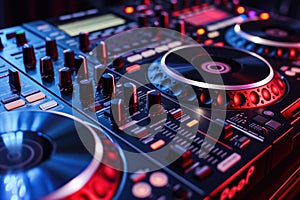 An audio mixing controller panel equalizer musical console is used by DJ
