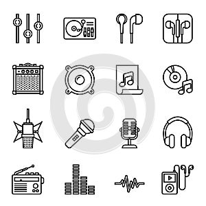 Audio, music and Multimedia icon set. Thin Line Style stock vector.