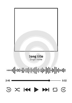 Audio player interface with frame for song cover, sound wave, loading bar with timer and shuffle, rewind, play, fast