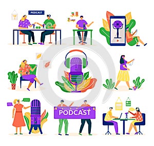 Audio podcast, people with microphone and headset, media set of isolated vector illustrations. Podcaster young man
