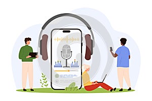 Audio podcast player app in mobile phone, tiny people listen music and radio, voice news