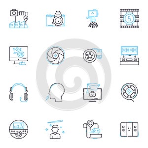 Audio production linear icons set. Mixing, Mastering, Editing, Recording, EQ, Compression, Dynamics line vector and